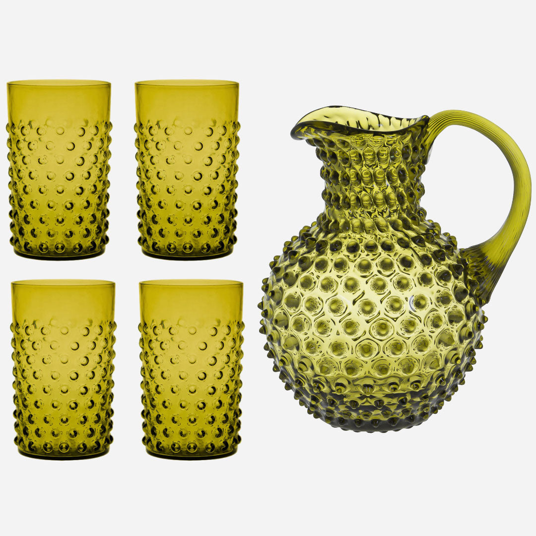 Noppenglas-Set - Krug und Gläser Olivgrün