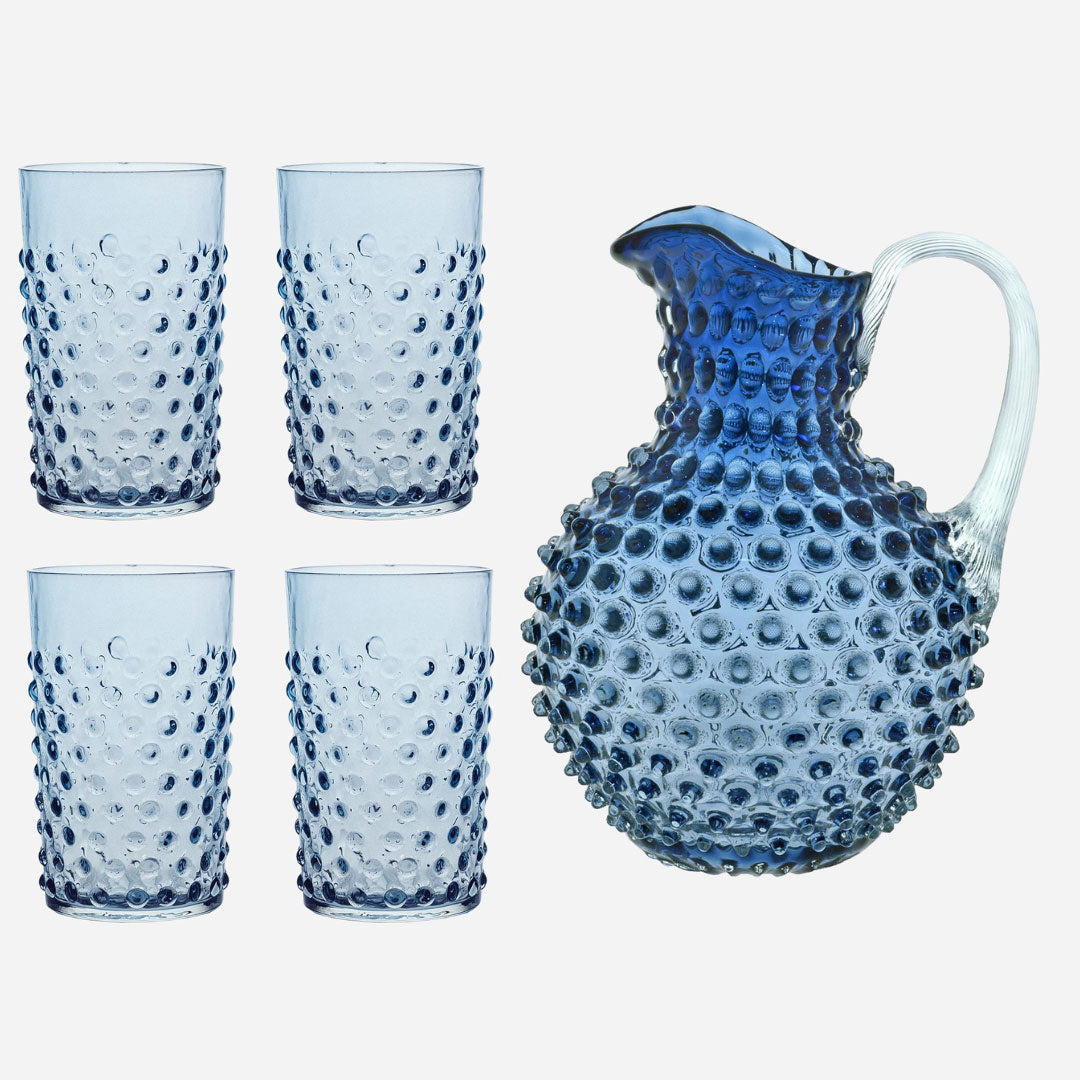 Noppenglas-Set - Krug und Gläser Rauchblau