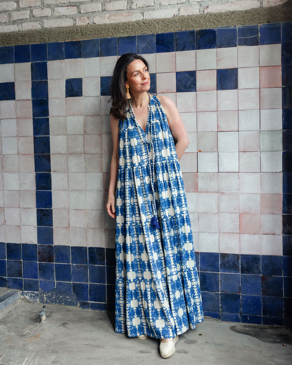 Sommerkleid "Lilian" mit Blättermuster in Blau