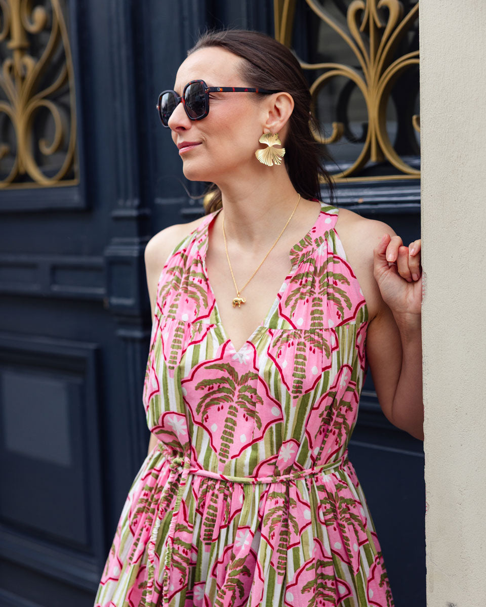 Sommerkleid "Lilian" mit Palmenmuster in Rosa und Grün