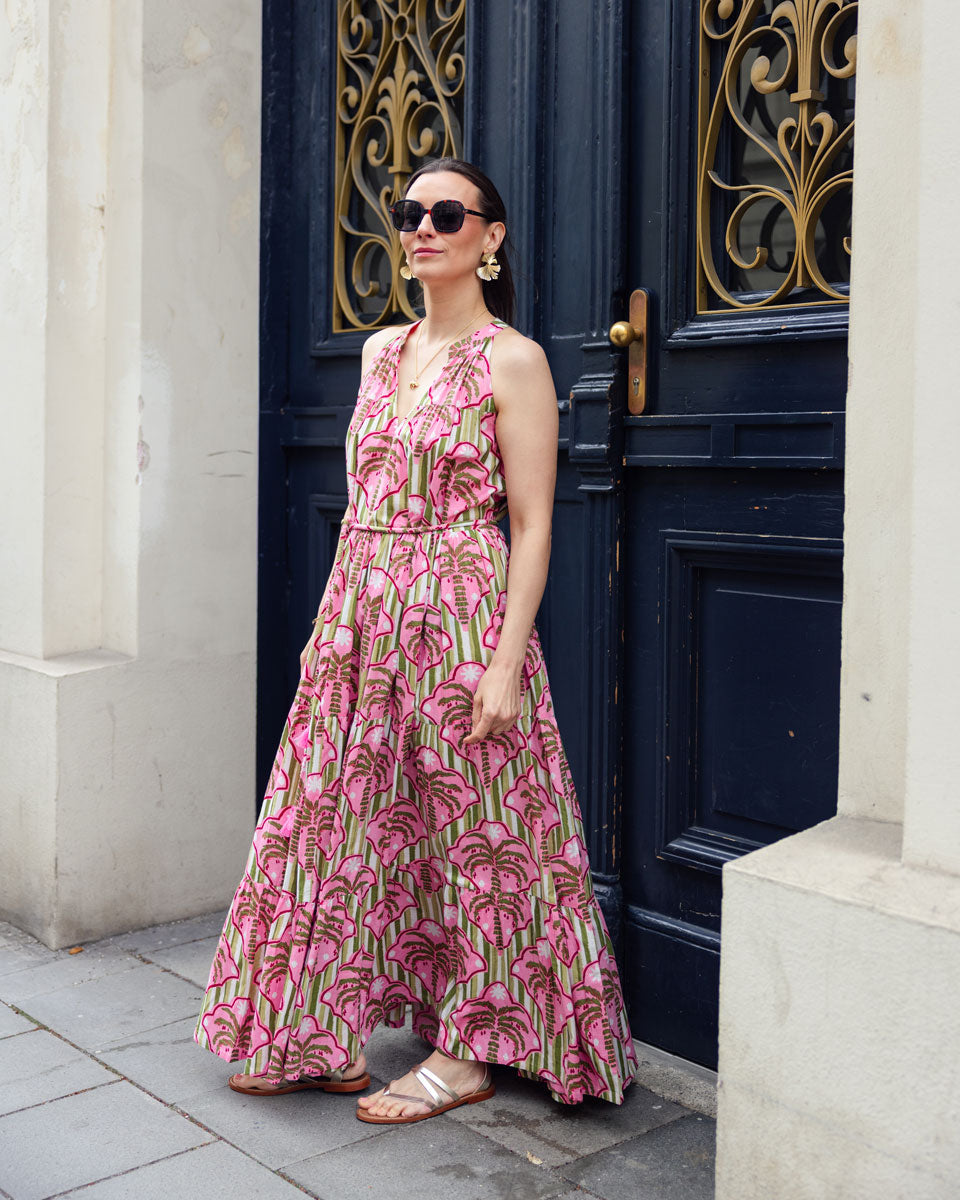 Sommerkleid "Lilian" mit Palmenmuster in Rosa und Grün