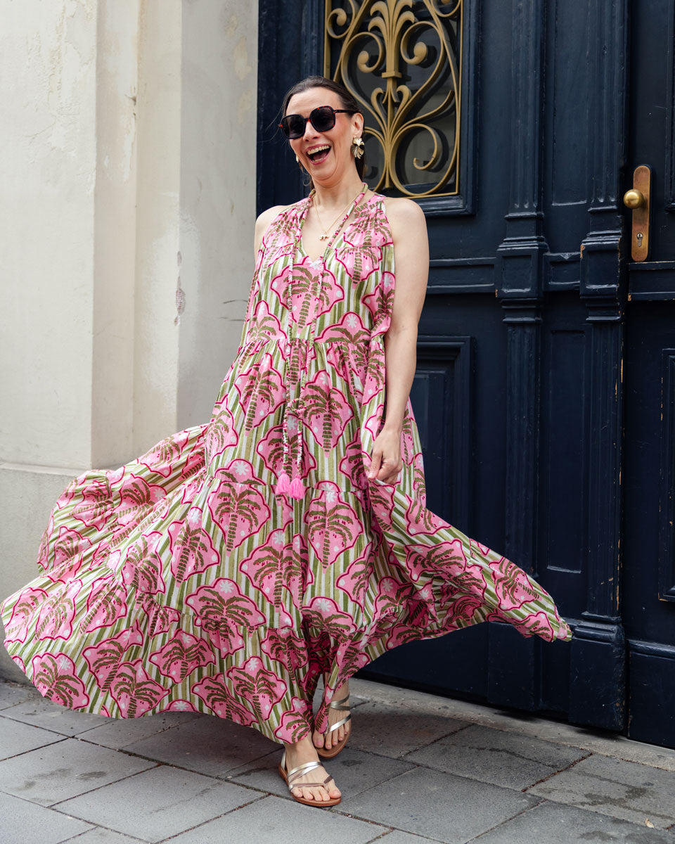 Sommerkleid "Lilian" mit Palmenmuster in Rosa und Grün