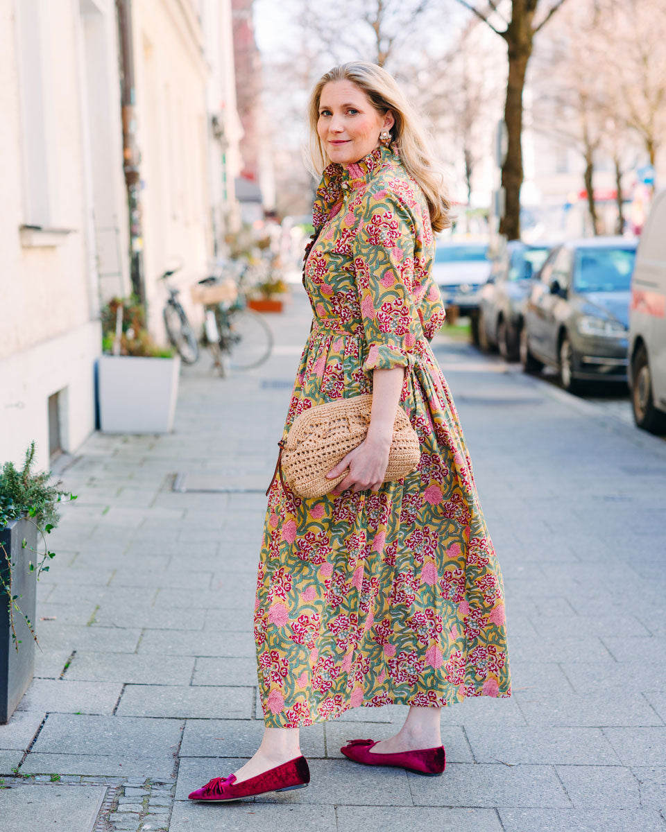 Kleid mit Volantkragen "Leonie" in gelbem Muster