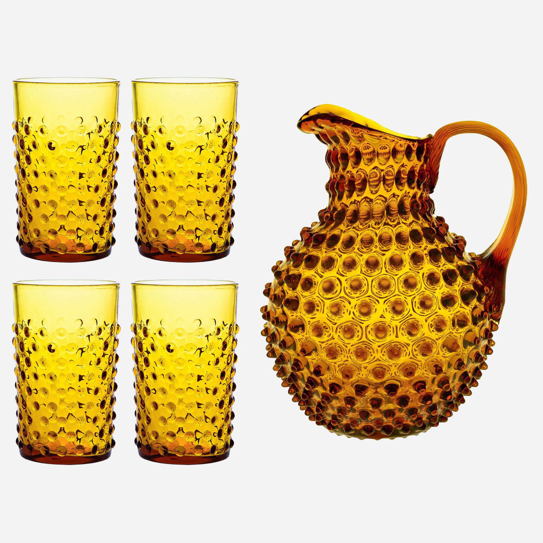 Noppenglas-Set - Krug und Gläser Goldgelb