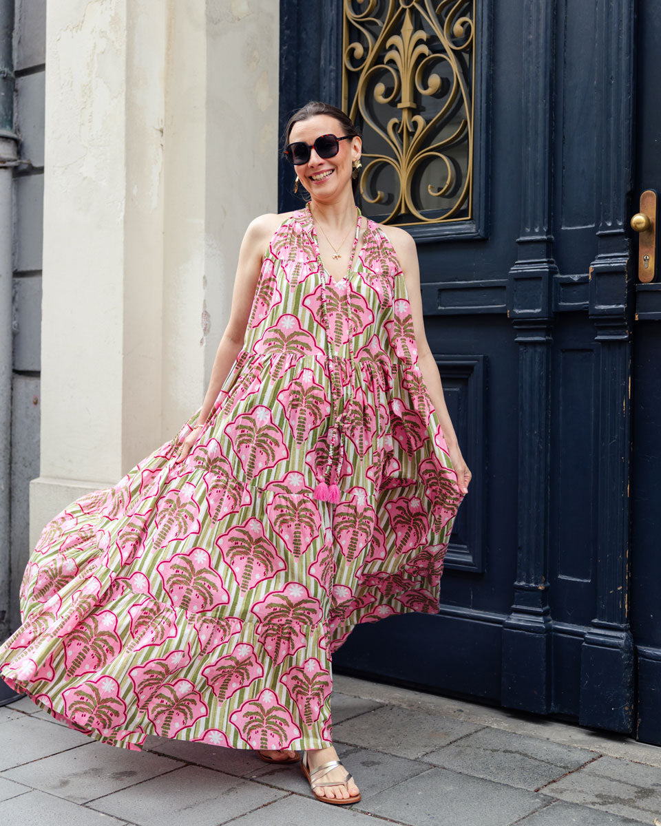 Sommerkleid "Lilian" mit Palmenmuster in Rosa und Grün