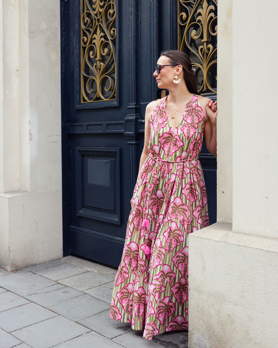 Sommerkleid "Lilian" mit Palmenmuster in Rosa und Grün