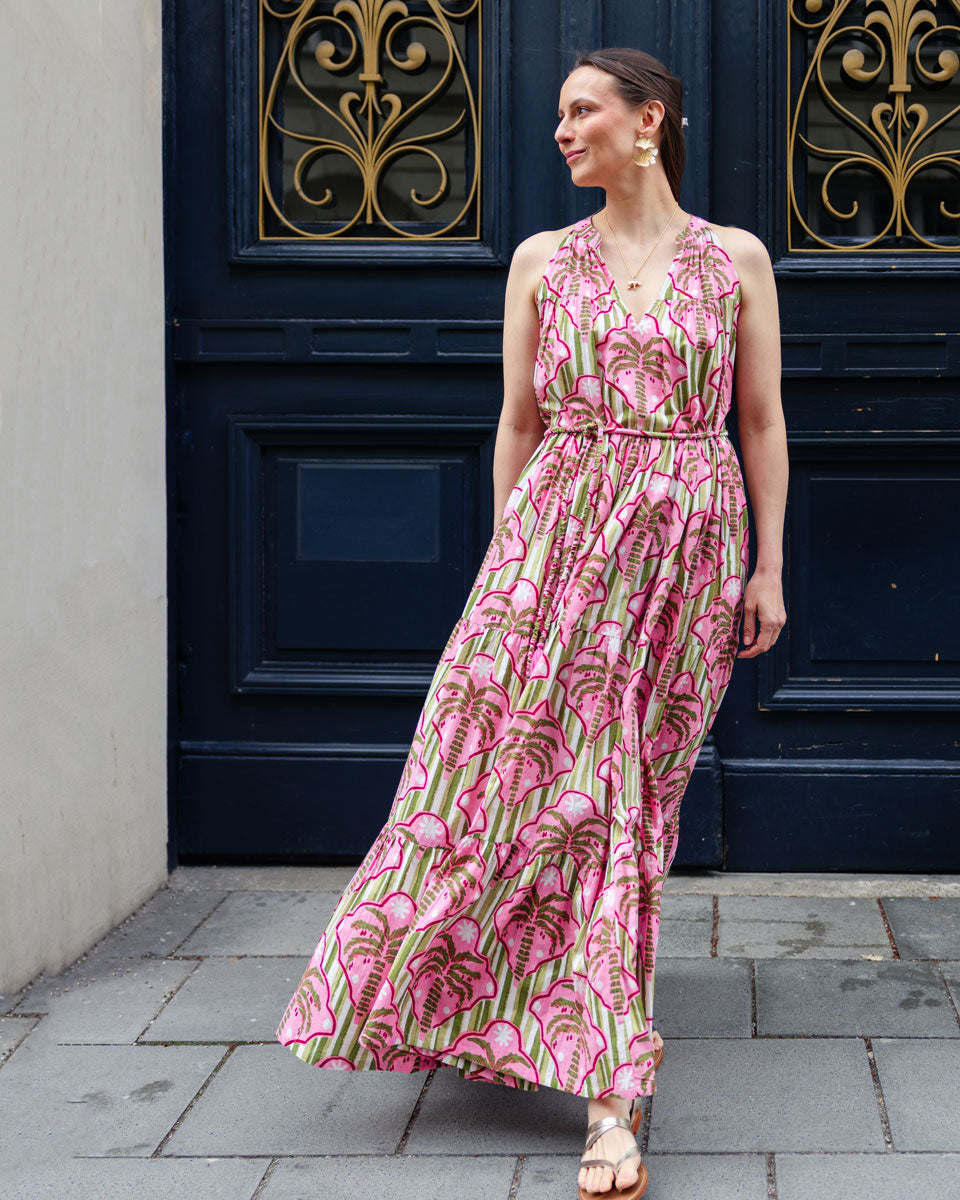 Sommerkleid "Lilian" mit Palmenmuster in Rosa und Grün