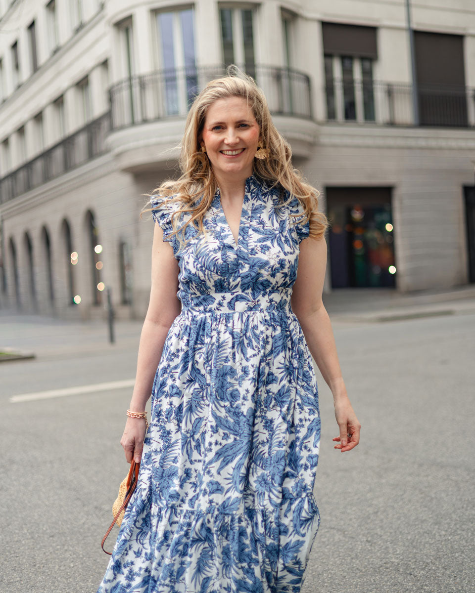 Sommerkleid "Valerie" mit blauem Palmenmuster