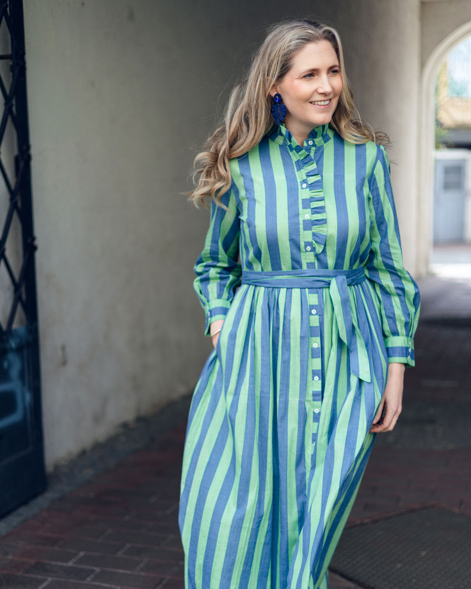 Kleid mit Volantkragen "Leonie" mit grün-blauen Streifen