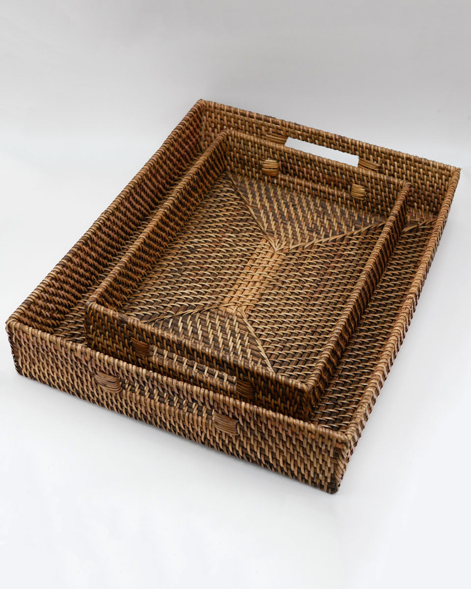 Rattan-Tablett-Set mit Griffen