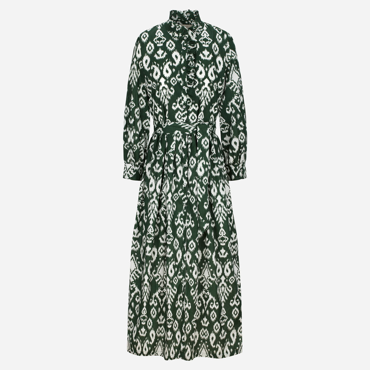 Kleid mit Volantkragen "Leonie" mit dunkelgrünem Ikatmuster
