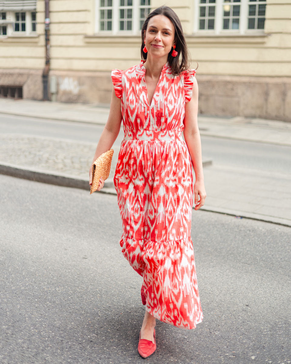 Sommerkleid "Valerie" mit Ikatmuster in Korall